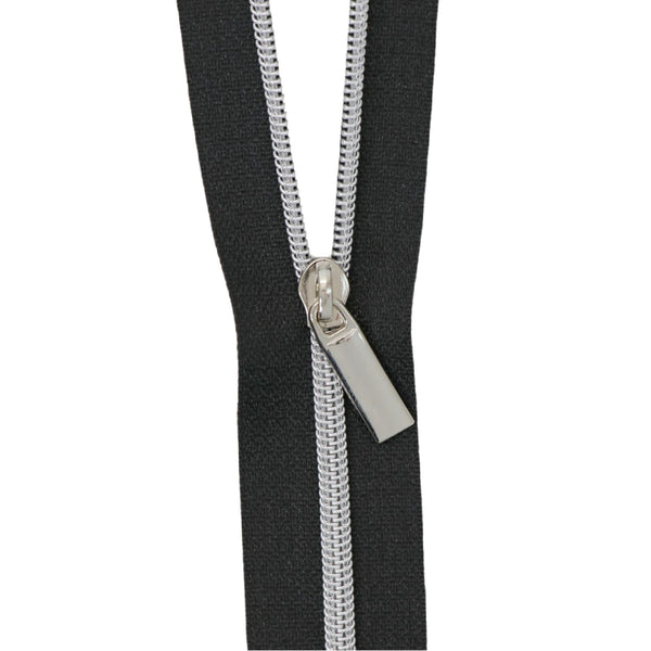 Black #3 Nylon Nickel Coil Zippers: 3 Yards with 9 Pulls