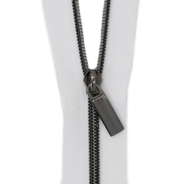 White #3 Nylon Gunmetal Coil Zippers: 3 Yards with 9 Pulls